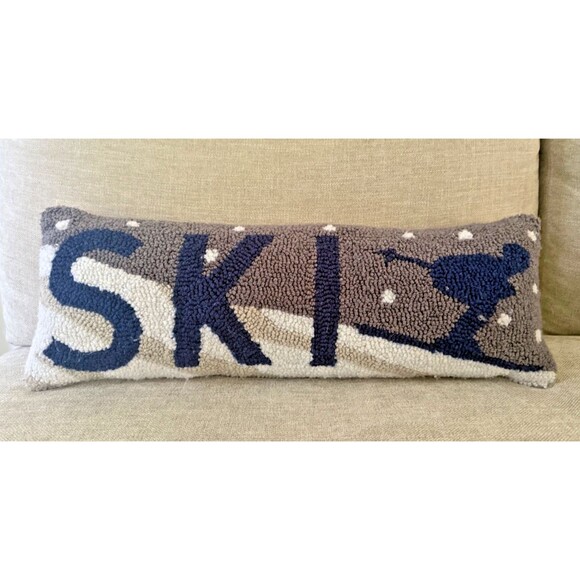 Handmade Custom Hooked Wool "Ski" Lumbar Pillow 24" x 8" - Picture 5 of 7